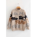 Winter's Trendy Letter Printed Mock Neck Long Sleeve Cozy Pullover Sweater