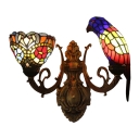 2 Heads Parrot and Flower Wall Light Tiffany Stained Glass Wall Light in Multicolor