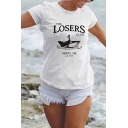 Funny Cartoon Boat Printed Letter LOSERS Pattern Shout Sleeve Round Neck White Cotton Tee