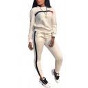 Sports Simple Long Sleeve Round Neck Top Stripes Patched Drawstring Waist Pants Co-ords