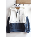Colorblock Long Sleeve Letter Cat Claw Printed Button Embellished Hoodie