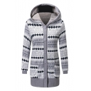 Fashion Tribal Print Button Down Hooded Tunic Coat with Pockets