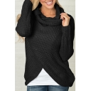 Fashion Long Sleeve Cowl Neck Plain Asymmetric Hem Knit Sweater
