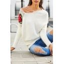 Sexy Long Sleeve V Neck Floral Embroidered Hollow Out White Knit Sweater