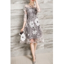 Round Neck 3/4 Length Sleeve Floral Printed Gray Organza Mini A-Line Dress