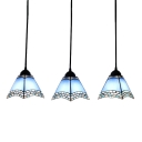 Triple Light Geometric Pendant Lamp Tiffany Style Blue/Pink Glass Hanging Light for Corridor