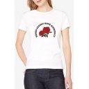 Fashionable Stylish Short Sleeve Letter Rose Floral Printed Round Neck White Cotton Top