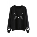 Hot Fashion Lovely Cartoon Cat Claw Pattern Round Neck Long Sleeve Pullover Sweatshirt