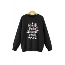 Lovely Cartoon Letter Applique Crewneck Long Sleeve Casual Leisure Sweatshirt