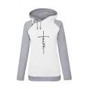 New Trendy Letter FAITH Pattern Colorblock Long Sleeve Zip Embellished Hoodie