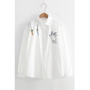 Lovely Cartoon Rabbit Carrot Embroidered Long Sleeve Button Down White Shirt