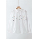 New Arrival Chic Raindrop Embroidered Lapel Collar Long Sleeve White Button Down Shirt