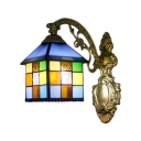 Blue/Clear Checkered Wall Lamp Tiffany Style Rippled Glass Wall Sconce