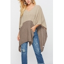 Women's Unique V-Neck Colorblock Two-Tone Loose Fitted Camel Poncho Sweater