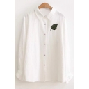 New Fashion Leaf Embroidered Long Sleeve Lapel Collar Button Down White Shirt