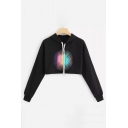 Fashion Firework Pattern Long Sleeve Black Cropped Loose Fitted Hoodie