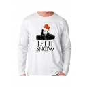 Men's Long Sleeve Round Neck Letter LET IT SNOW Printed Cotton White Tee