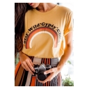 Hot Popular Short Sleeve Round Neck Letter Rainbow Printed Yellow Casual Tee for Girls