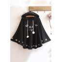 Cartoon Cat Claw Letter Printed Long Sleeve Pom Pom Embellished Cape Hoodie