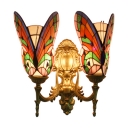 Stained Glass Butterfly Sconce Light Tiffany Style Double Heads Wall Light in Multi Color