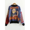 Round Neck Long Sleeve Cartoon Character Letter Printed Warm-Up Knit Sweater