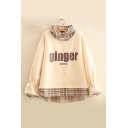 New Trendy Plaid Patched Lapel Collar Long Sleeve Letter GINGER Print Sweatshirt