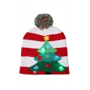 New Trendy Stripes Christmas Tree Printed LED Knit Stretch White Hat
