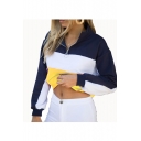 Women's Fashion Half-Zip Stand Collar Long Sleeve Colorblock Cropped Sweatshirt