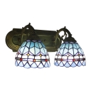 2 Lights Dome Wall Sconce Tiffany Mediterranean Style Stained Glass Wall Mount Fixture in Blue