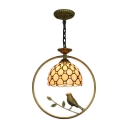 Adjustable Jeweled Drop Light Tiffany Country Style Beige Glass Pendant Light with Bird