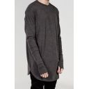 Street Style Long Sleeve Round Neck Plain Curve Hem Relaxed Tee with Thumb Hole Cuff