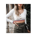 Sexy Long Sleeve Scoop Neck Contrast Trim Button Embellished White Cropped Tee