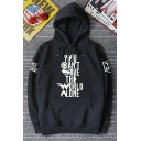 Popular Black Letter Graphic Print Long Sleeves Pullover Hoodie with Pocket
