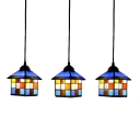 3 Lights Lodge Design Suspension Light Tiffany Style Stained Glass Pendant Lamp in Brass Finish