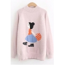 Lovely Cartoon Girl Pattern Crewneck Long Sleeve Pullover Sweater for Girls