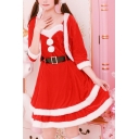Fashion Red Christmas Cosplay Bunny Girl Mini Slip Dress Coat Belted Waist with Ear Headband Footmuff Five-Piece