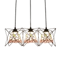 Blue/Pink Floral Hanging Lamp Tiffany Style Glass 3 Lights Suspension Light with Metal Cage