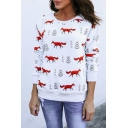 All Over Fox Animal Printed Round Neck Long Sleeve White Sweatshirt