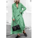Green Polka Dot Printed V-Neck Ruffle Cuff Long Sleeve Maxi Swing Dress