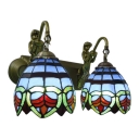 Navy Blue Dome Wall Sconce Tiffany Retro Style Stained Glass 2 Light Wall Mount Light