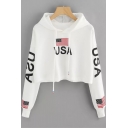 Chic Drawstring Hood Long Sleeve USA Flag Print Relaxed Cropped Hoodie for Girls