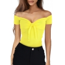 Sexy Summer Collection Yellow Off the Shoulder Short Sleeve Bow Tie Front Slim Fit Women's T-Shirt