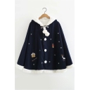 Christmas Feature Deer Snowflake Long Sleeve Single Breasted Pom Pom Embellished Hooded Coat