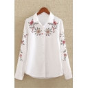 Simple Long Sleeve Floral Embroidered Lapel Collar White Button Down Shirt
