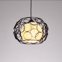 Fabric Globe Pendant Light Vintage Wrought Iron Suspended Lamp in Black/White for Dining Room