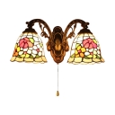 Flower Style Bell Wall Mount Fixture Traditional Stained Glass 2 Heads Pull Chain Wall Light