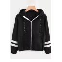 Striped Long Sleeve Zip Closure Leisure Casual Sports Hooded Coat