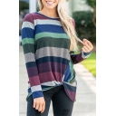 Leisure Cozy Long Sleeve Round Neck Stripes Knot Front Asymmetrical Tee