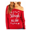 Fashion Red Letter Print One Shoulder Long Sleeve Regular Fit Pullover Tee