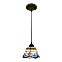 Baroque Tiffany Dome Drop Light Stained Glass 1 Head Suspended Light in Blue for Bedroom